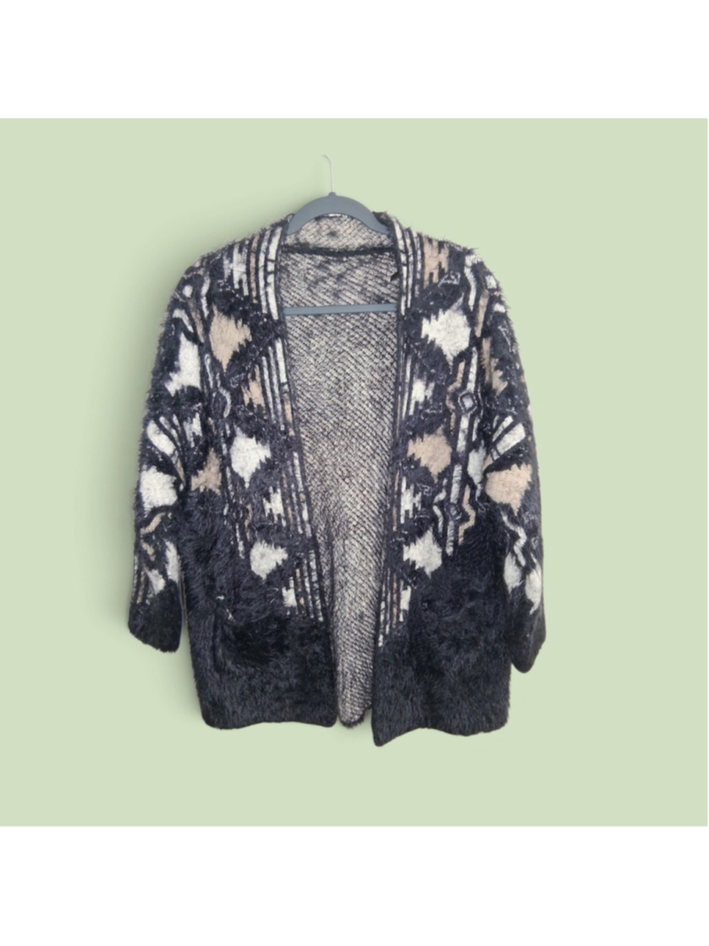 Women's Venti6 Geometric Pattern Cardigan Sweater Black Beige One Size Fits Most